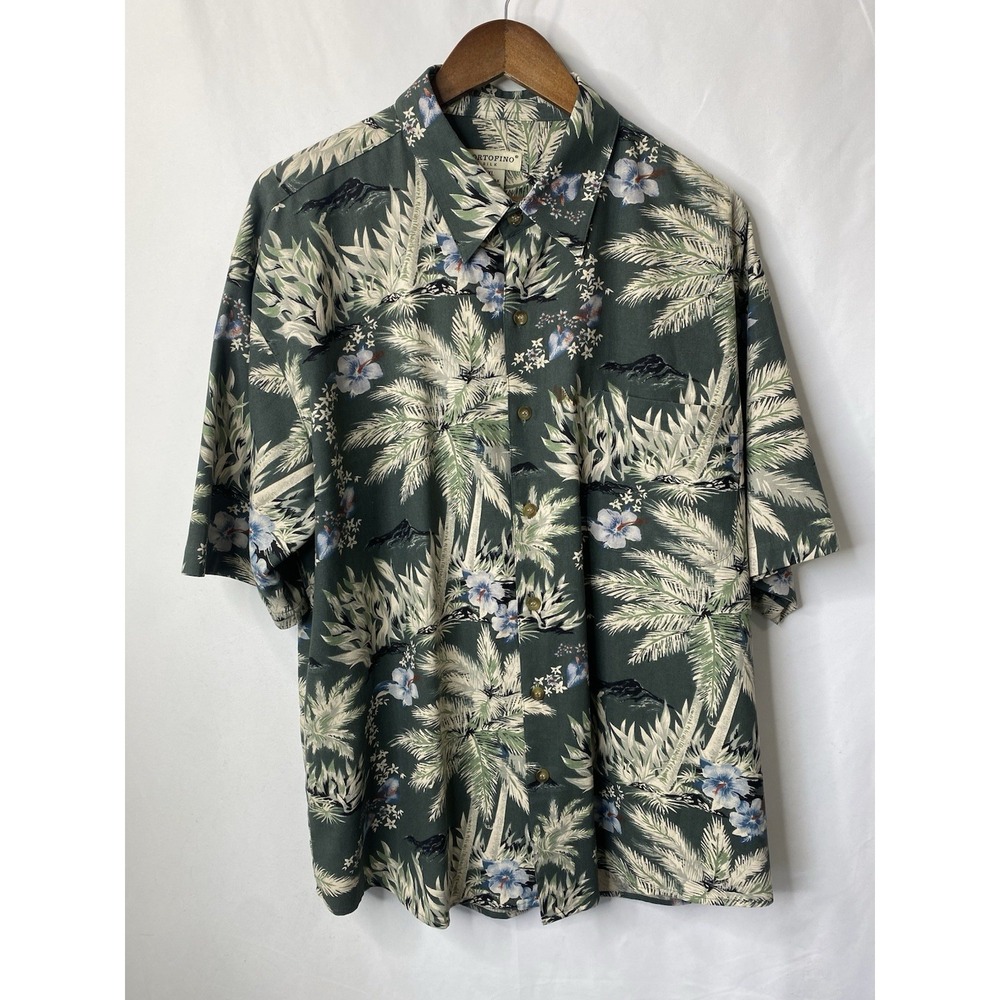 Vintage Portofino Men's 100% Silk Hawaiian Button Down Shirt Vacation Wear Beach